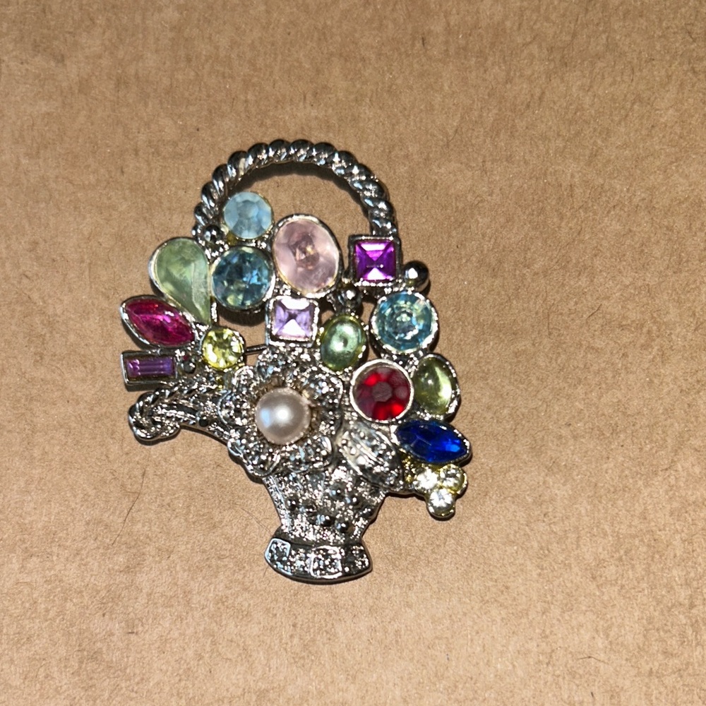 Multicolor Crystal Flower Basket Brooch Pin - Women Jewelry
